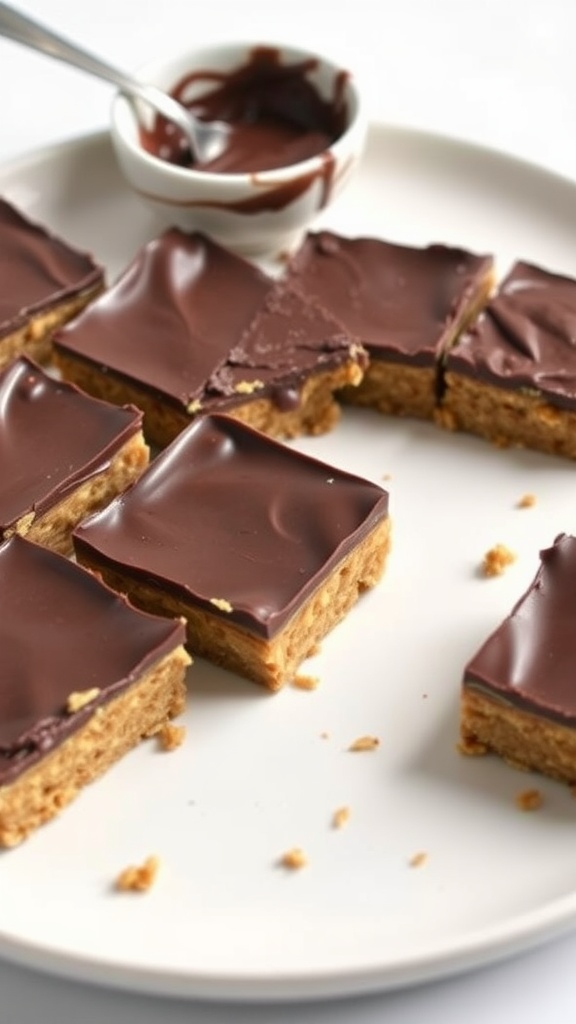 Delicious no-bake chocolate peanut butter bars on a plate, drizzled with melted chocolate.